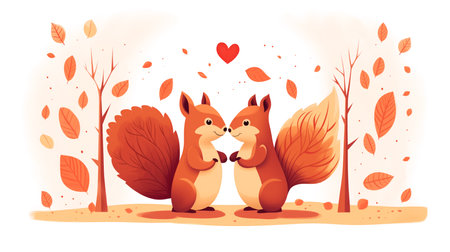 Valentine's Day greeting card with two cute squirrels holding red hearts.の素材