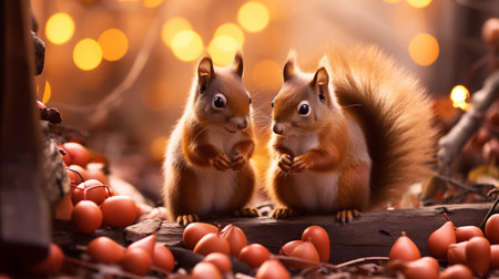 Two squirrels sitting on a log in the autumn forest, close-up. Valentine's Day.の素材