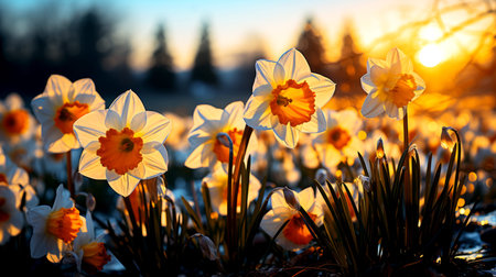 Colorful flowers amidst beautiful meadows with sky and golden light of the sunset.の素材