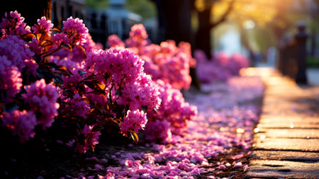 Autumn streets covered with leaves and pink flowers.の素材
