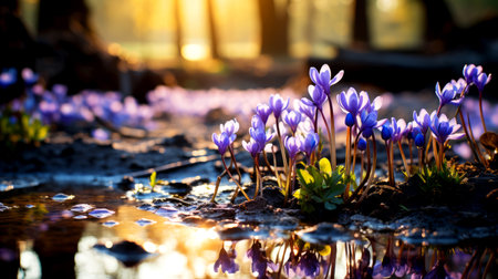 Blue flowers among the forest and stream on golden light of sun.の素材