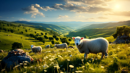 Flock of sheep on the meadow at sunset.の素材