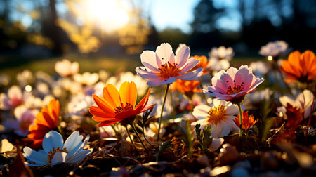 Colorful flowers amidst beautiful meadows with sky and golden light of the sunset.の素材