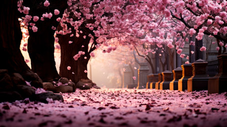 Autumn streets covered with leaves and pink flowers of cherry trees.の素材