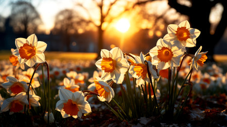 Colorful flowers amidst beautiful meadows with sky and golden light of the sunset.の素材
