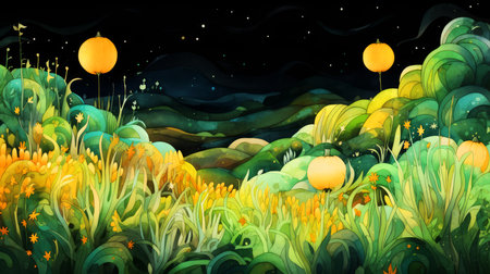 A view of imaginary green fields at night.の素材