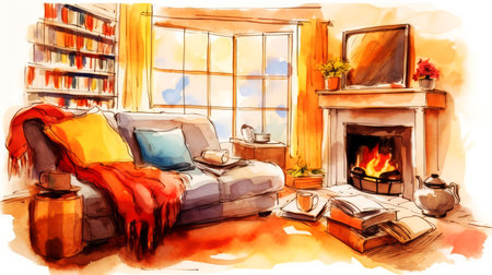 Living room with fireplace, armchair, books and autumn leaves.の素材