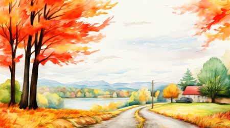 Autumn landscape with colorful trees and river. Digital art painting.の素材
