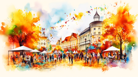People Crowd Crown Walking Colorful Watercolor Paint Splatter Art Concept.の素材