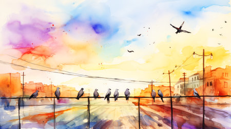 Crowd of pigeons on the bridge. Watercolor painting.の素材