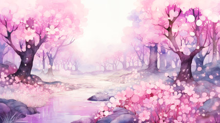 Watercolor spring landscape with cherry blossom trees and river. Digital painting.の素材