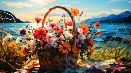 Wicker basket with flowers on the background of mountains and lake.の素材