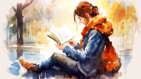Young woman reading a book in a park. Digital watercolor paintingの素材