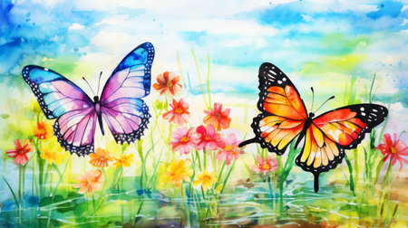 watercolor painting with butterflies and flowers on watercolor background, springの素材
