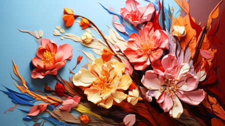 Composition with beautiful blooming flowers on color background, top viewの素材