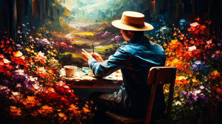 Young man in a hat sits at a table with a cup of coffee and reads a book.の素材