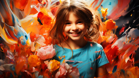 Portrait of a cute little girl surrounded by flowers. Studio shot.の素材