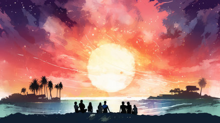 Silhouette of family on the beach at sunset.の素材