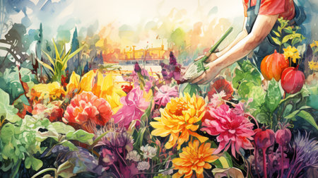 Painting of flowers in the garden. Artwork for background.の素材