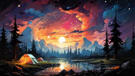 A beautiful sunset in the mountains with a tourist tent.の素材