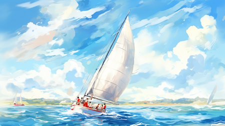 Sailing yacht in the sea, blue sky with clouds.の素材