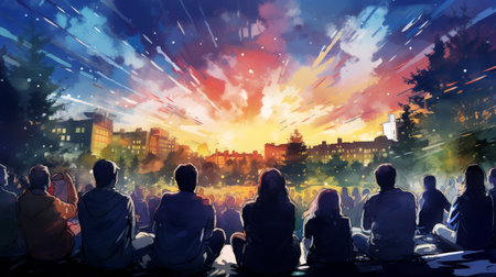 Silhouettes of a group of people sitting in front of a big explosion.の素材