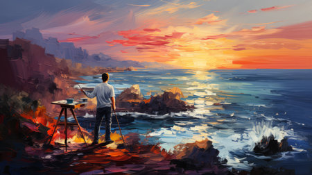 A man standing on a rock by the sea at sunsetの素材