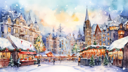 Watercolor illustration of a winter city with Christmas market, shops and people.の素材