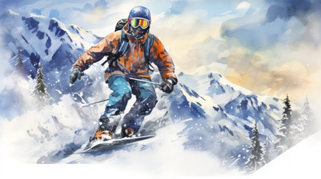 Snowboarder jumping in mountains. Watercolor painting.の素材