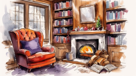 Hand drawn illustration of a cozy living room with fireplace, armchair, books and christmas tree.の素材