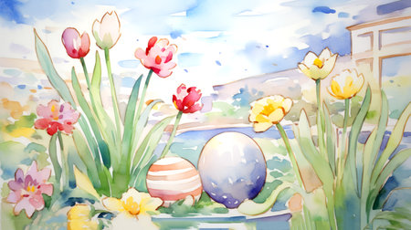 Easter eggs and tulips on the background of the spring landscape.の素材