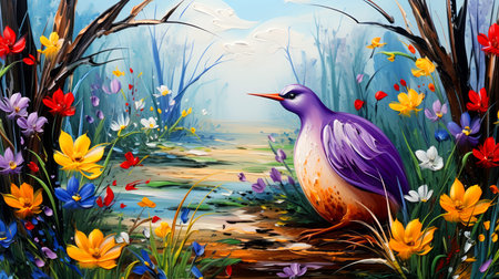 Cartoon scene with bird in the meadow - illustration for children.の素材