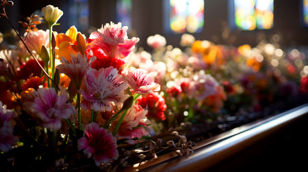 Colorful flowers in the church. Shallow depth of field.の素材