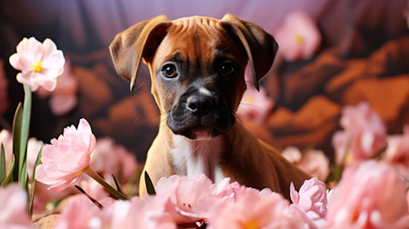 Boxer puppy on a background of pink tulips.の素材