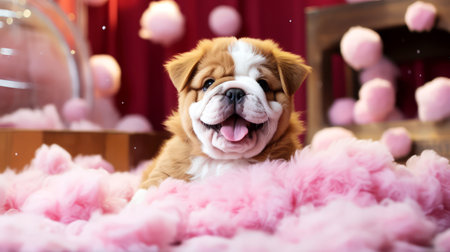 Cute English bulldog puppy on a pink fluffy fur background.の素材