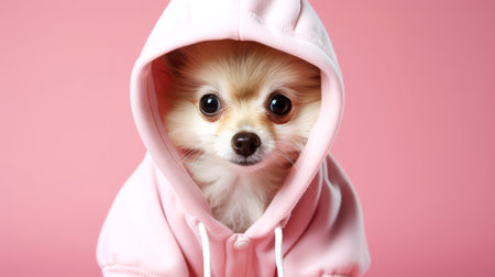 Cute little dog in hood on pink background.の素材