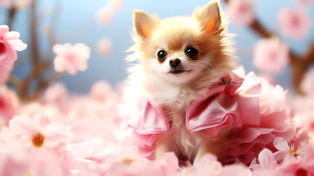 Chihuahua dog in a pink dress on a background of flowers.の素材