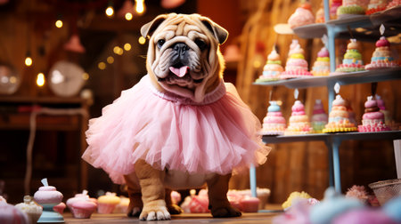 Cute little dog wearing ballet tutu posing in front of a cake.の素材