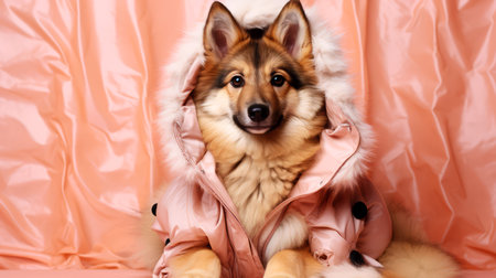 Cute German shepherd dog in hood on pink background.の素材