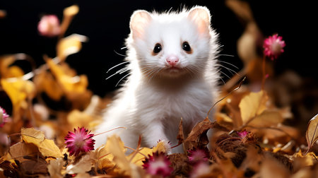 White mouse in autumn leaves on a black background. Portrait.の素材