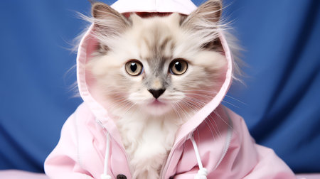 White fluffy cat in a pink raincoat on a blue background.の素材