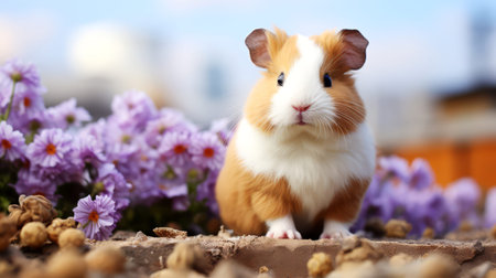 Cute guinea pig and flowers on blurred background.の素材