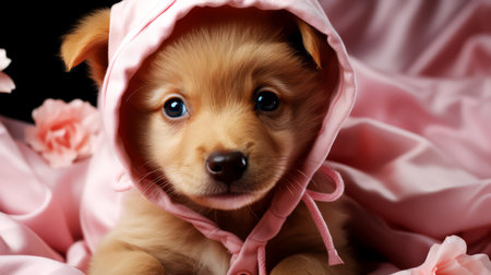 Cute puppy in hood on pink fabric background.の素材