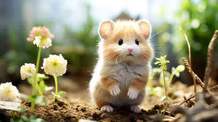 Hamster in the garden with flowers. Cute little hamster.の素材