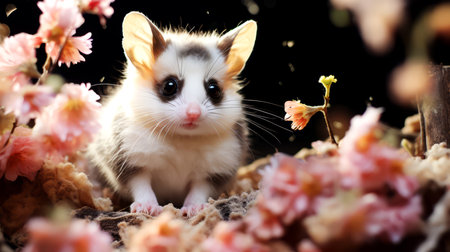 Cute little pet hamster with pink flowers on a black background.の素材