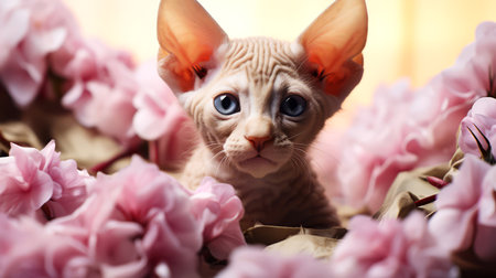 Beautiful little sphynx cat with flowers on light background.の素材