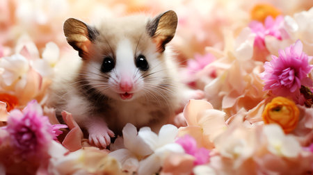 Cute Syrian hamster on flowers background.の素材