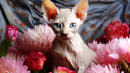 Sphynx cat with beautiful flowers on fabric background.の素材