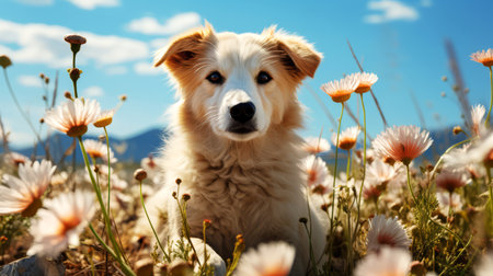 Funny dog in the meadow with flowers on blue sky background.の素材