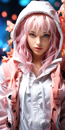 Portrait of a beautiful girl with pink hair in a white raincoat and hood.の素材